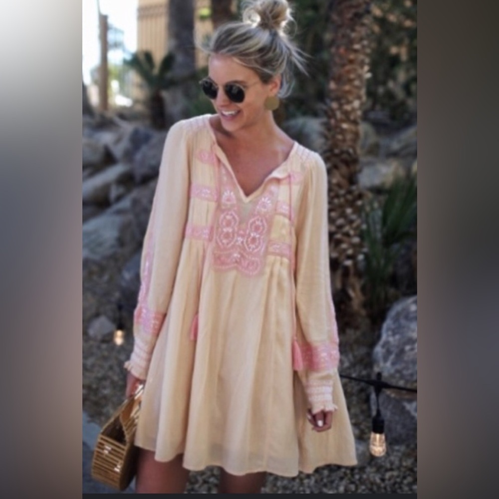 Free People boho embroidered tunic dress Pink and yellow tassel peasant top